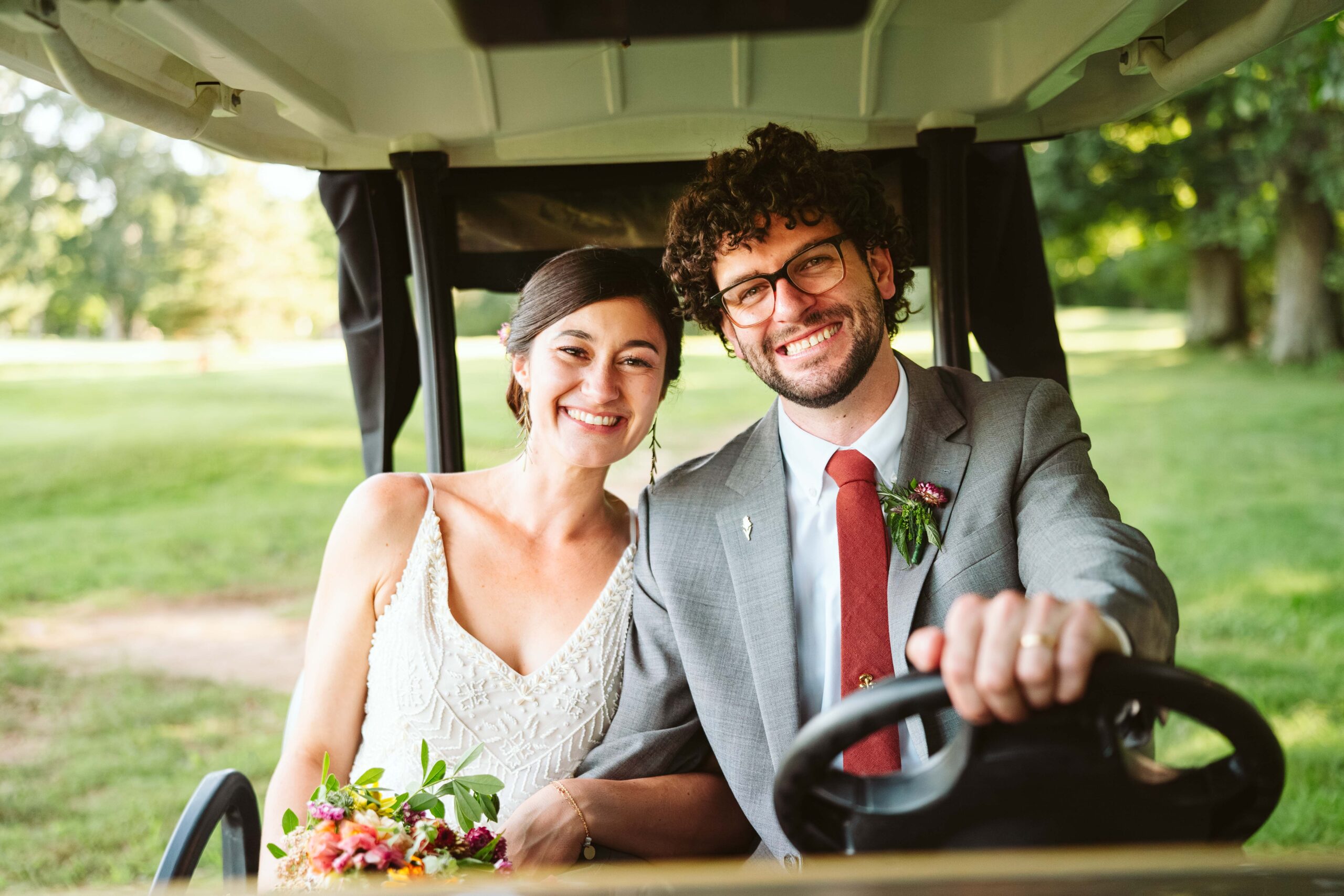 H New England Rockingham Country Club wedding summer seacoast photographer  New Hampshire wild flowers bride and groom wedding golf cart course