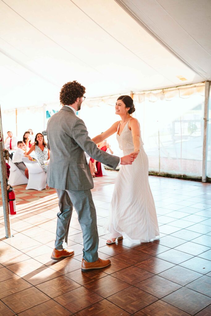 NH New England Rockingham Country Club wedding summer seacoast photographer  New Hampshire entrance reception tent wedding candid fun first dance