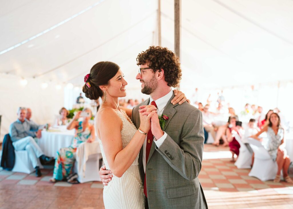 NH New England Rockingham Country Club wedding summer seacoast photographer  New Hampshire entrance reception tent wedding candid fun first dance