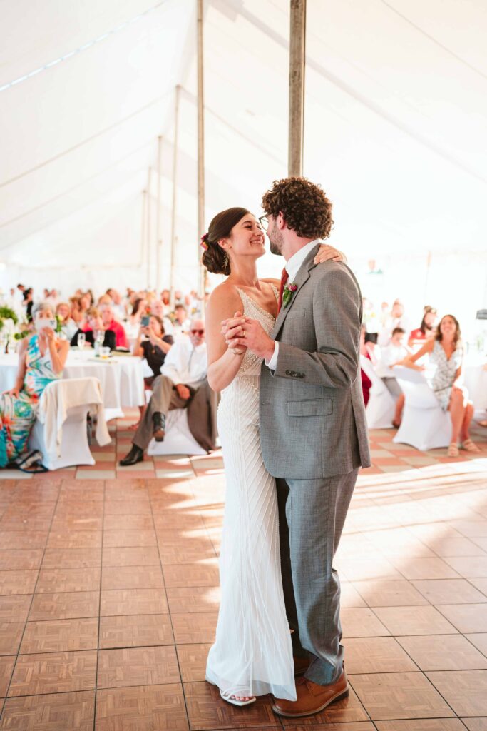 NH New England Rockingham Country Club wedding summer seacoast photographer  New Hampshire entrance reception tent wedding candid fun first dance