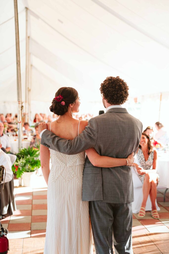 NH New England Rockingham Country Club wedding summer seacoast photographer  New Hampshire entrance reception tent wedding candid fun speech aesthetic