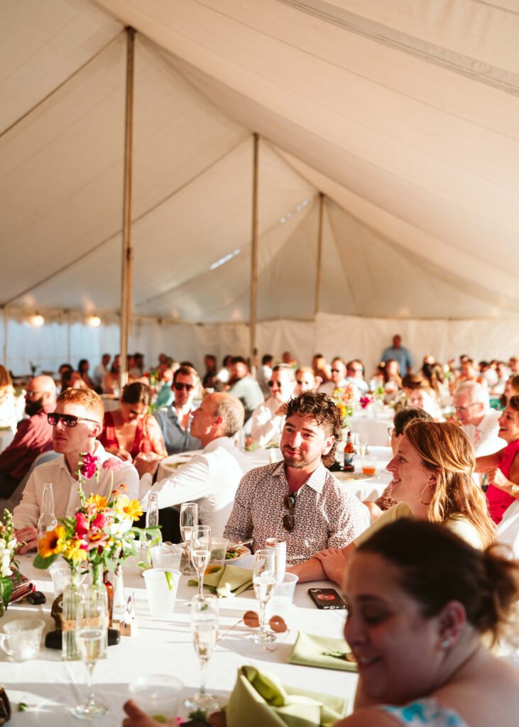 NH New England Rockingham Country Club wedding summer seacoast photographer  New Hampshire entrance reception tent wedding candid fun speech aesthetic