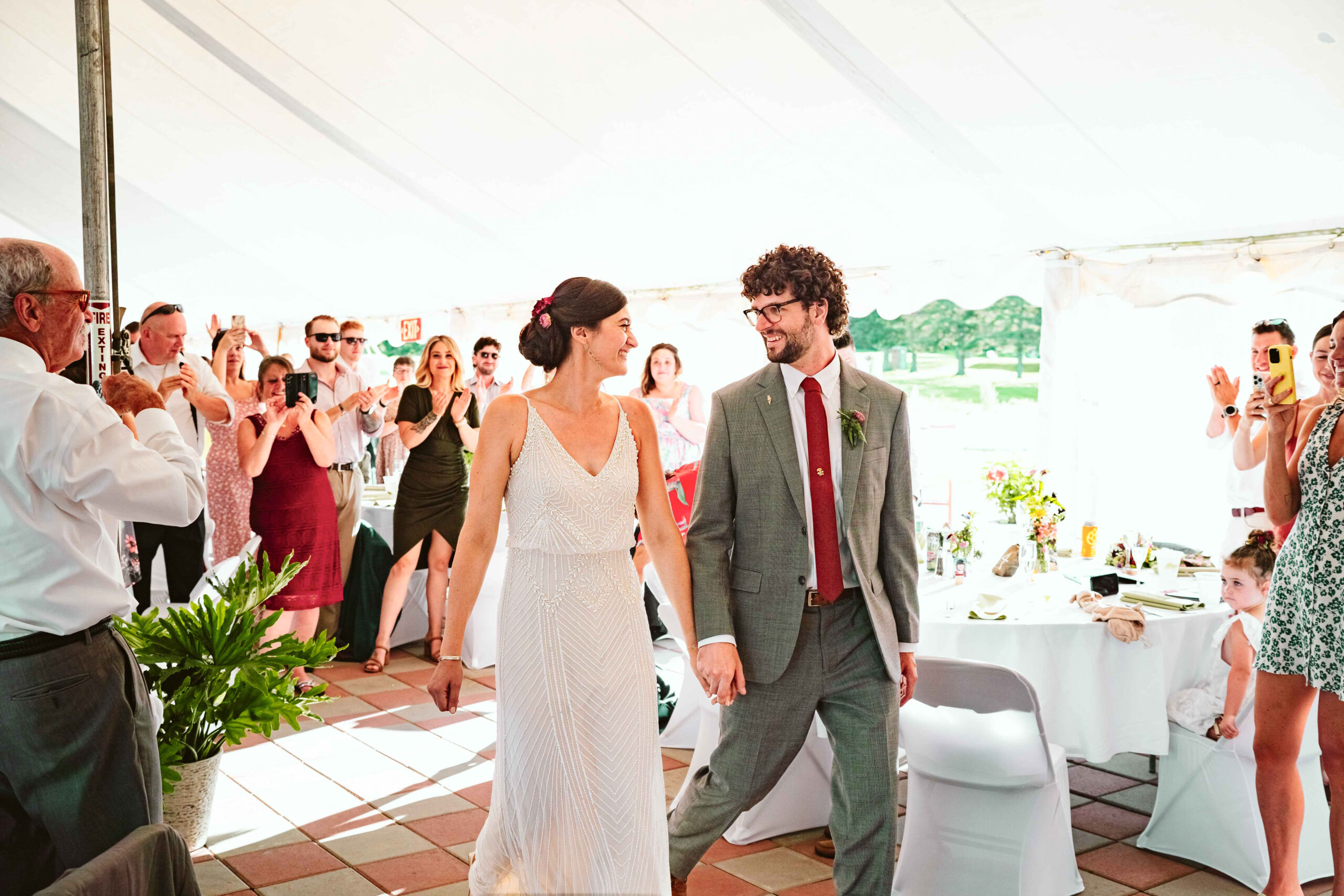 NH New England Rockingham Country Club wedding summer seacoast photographer  New Hampshire entrance reception tent wedding candid fun