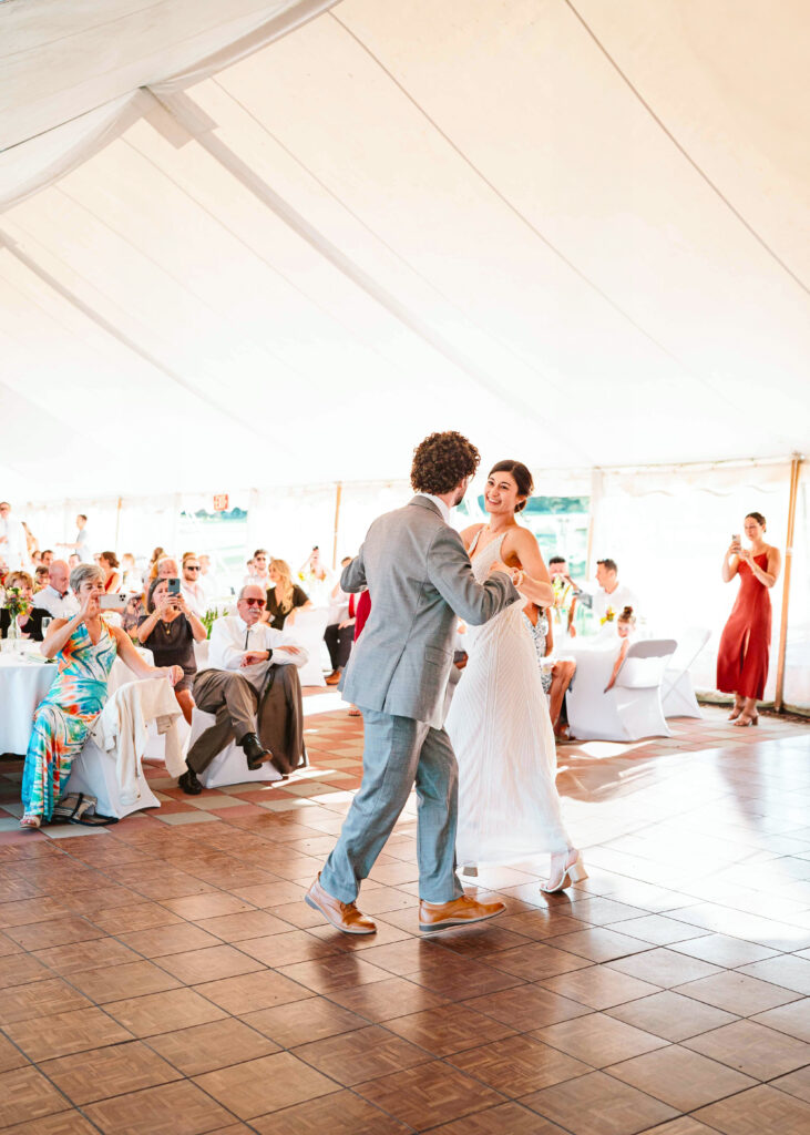 NH New England Rockingham Country Club wedding summer seacoast photographer  New Hampshire entrance reception tent wedding candid fun first dance